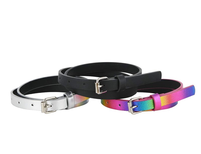 INSIGHTER Belts for Girls 3 Pack Little Toddler Teen Kids Belt Girls Fashion PU Leather Patent Belt Black/Silver/Rainbow X-Small - Image 2